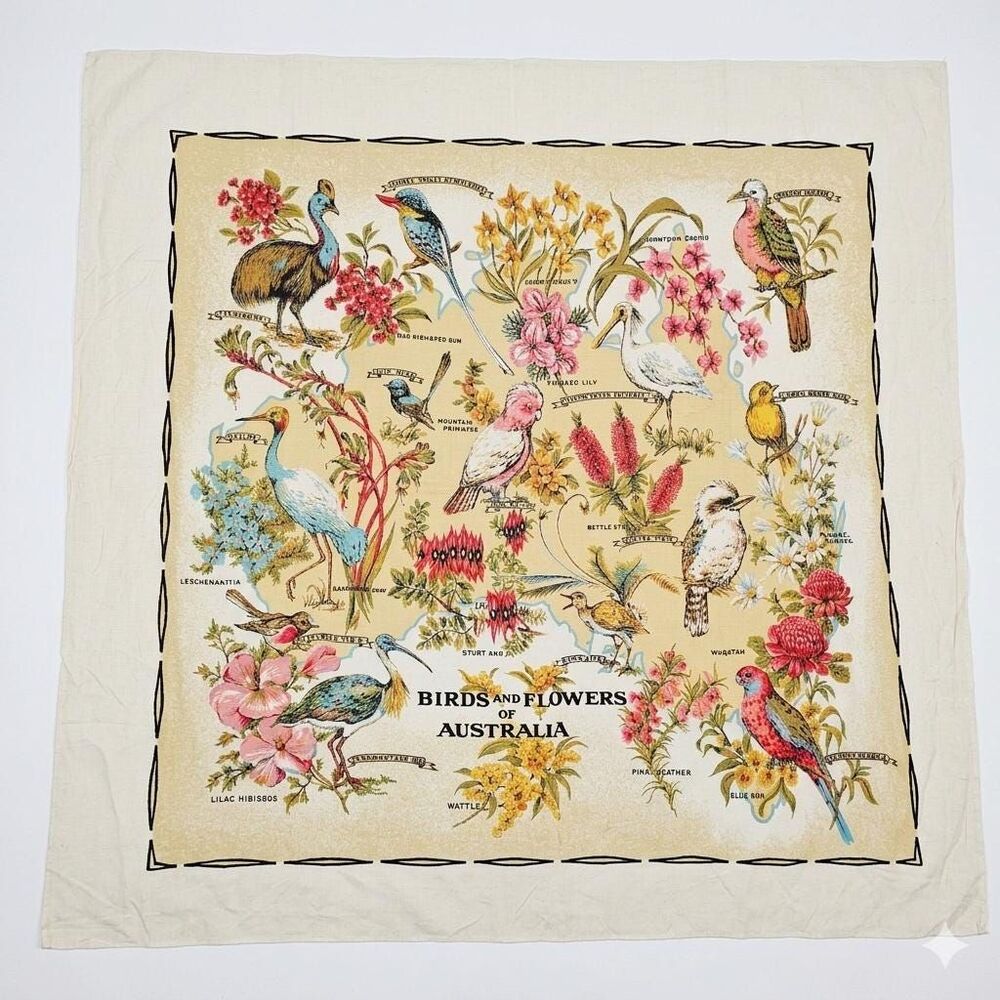 Vintage Australian Bird Tablecloth | Floral Table Linens | Card Table Cover
